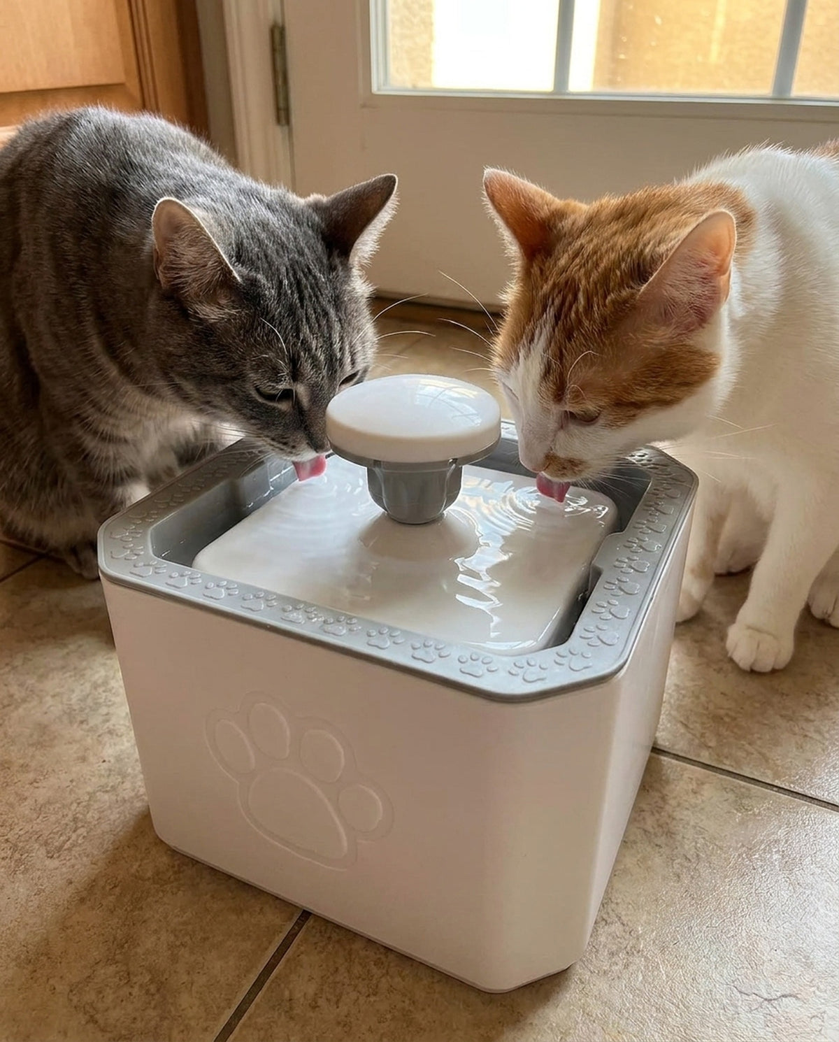 Dos gatos bebiendo al mismo tiempo, uno a cada lado de la bandeja