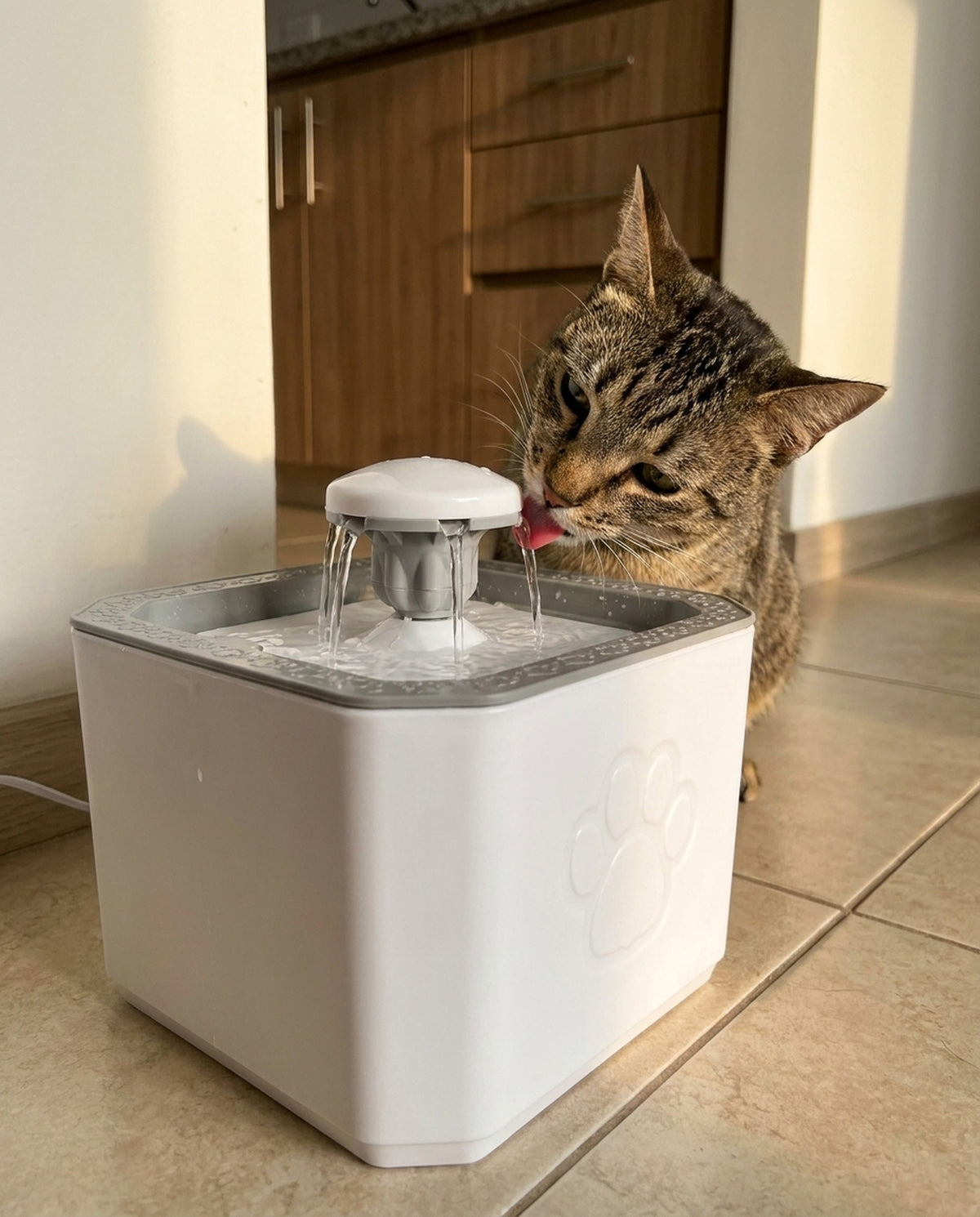 Gato bebiendo directamente del chorro de la fuente