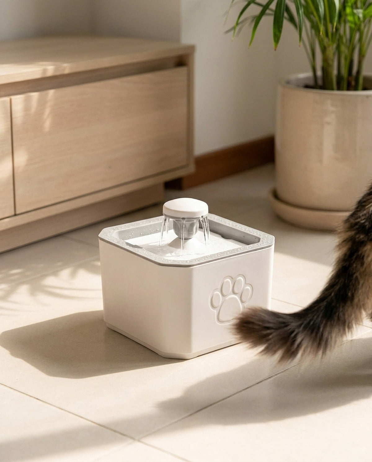 Bebedero fuente eléctrico mugipaws funcionando en el piso de una cocina